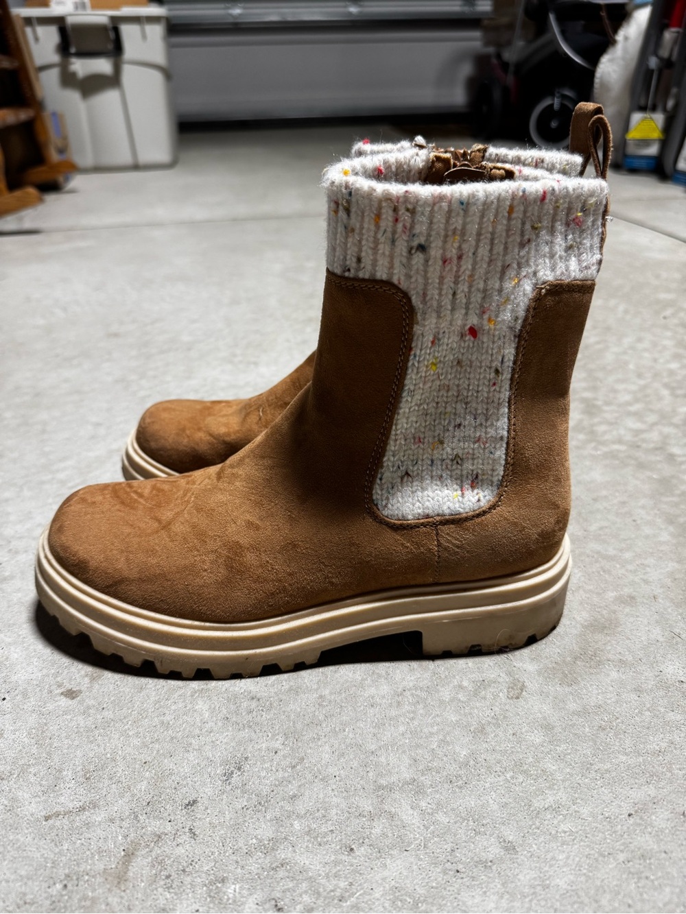 Girls Chestnut Suede Ankle Boots with Cream Knit Cuffs